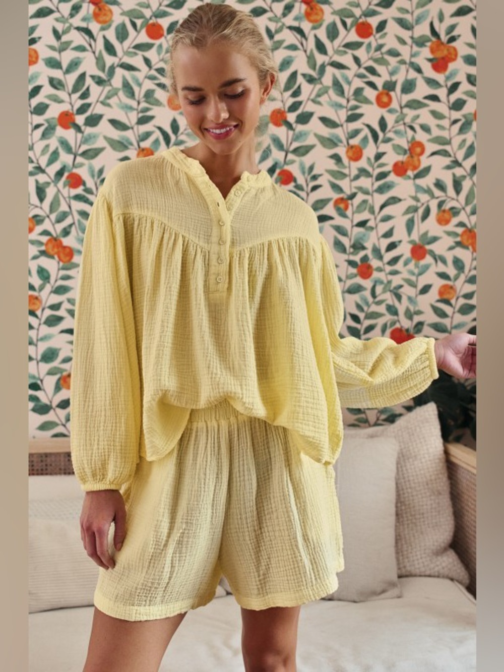 Yellow Two-Piece Cotton Gauze Lounge Set - Henley Style Top + Shorts - Picture 3 of 6